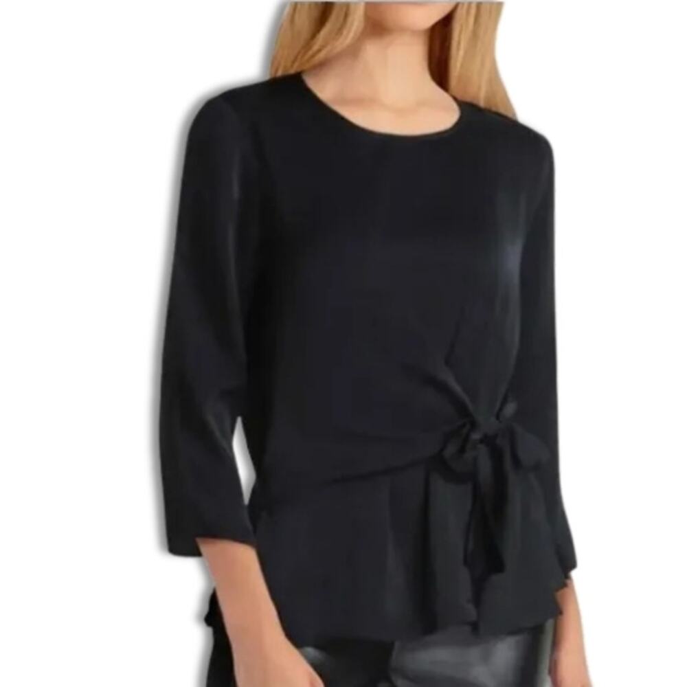 Gigi Parker Wrap Front Blouse 3/4 Sleeve Length Satin Fabric Black W Small NWT